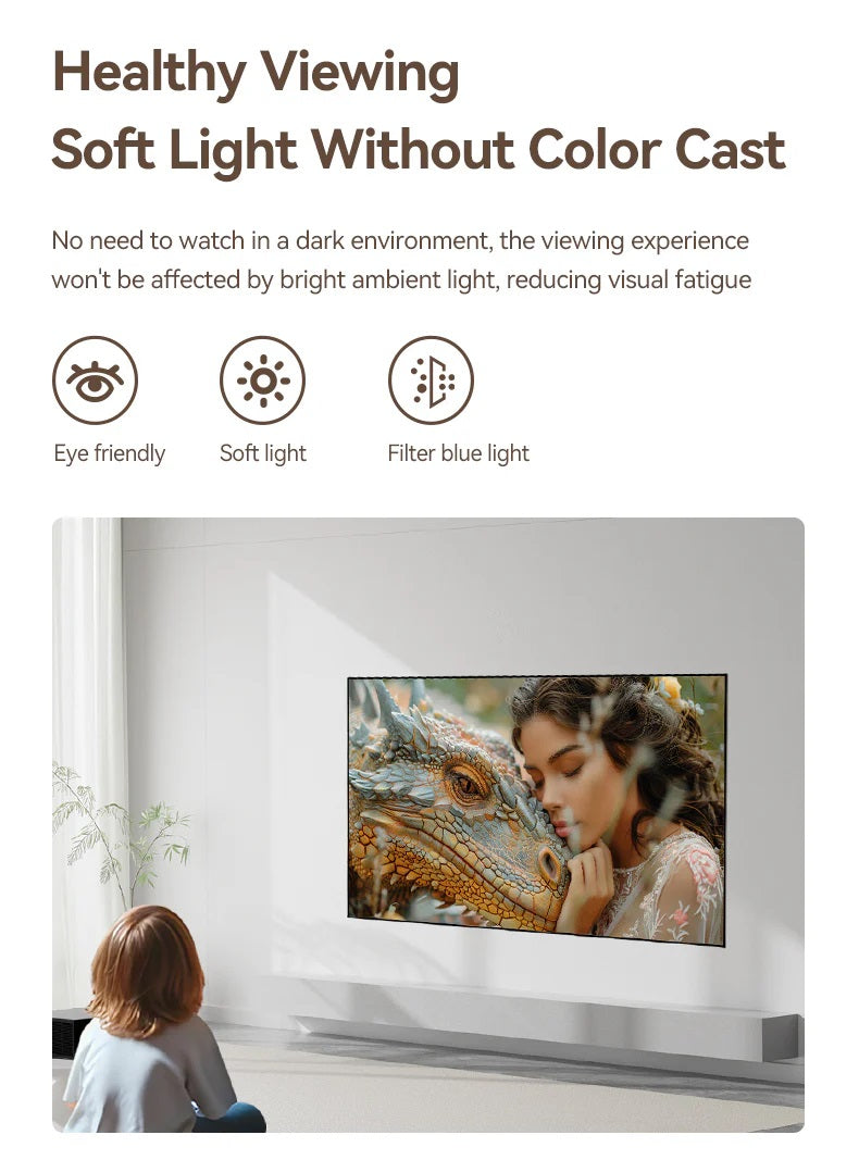 Portable projector screen showing clear image with soft light in a bright living room