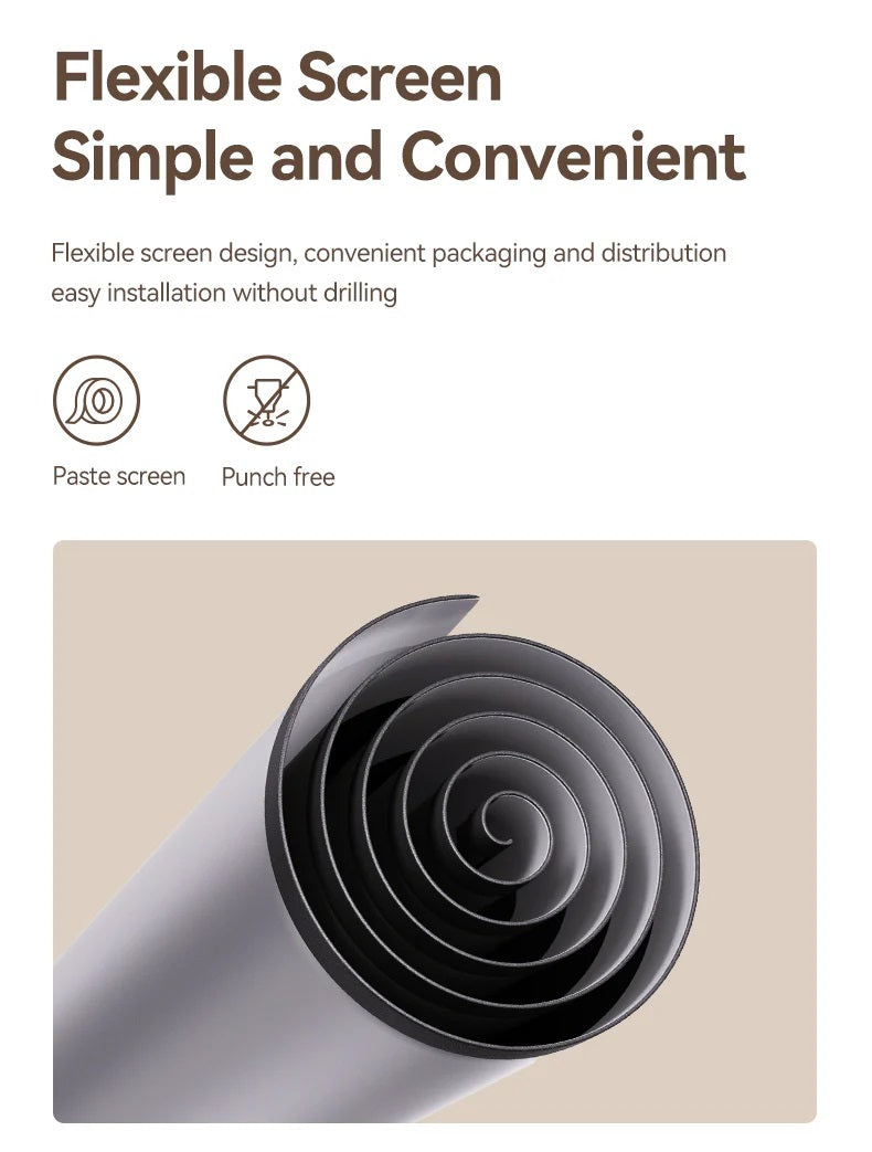 Flexible portable projector screen rolled up showing simple installation and punch-free design