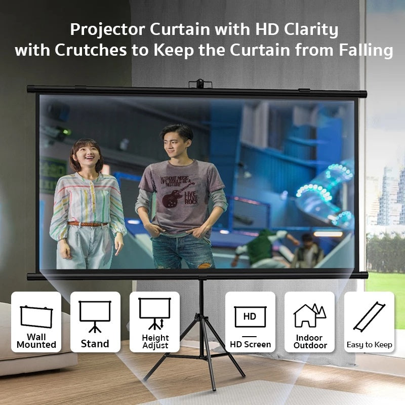 Portable projector screen with tripod stand and adjustable height for indoor and outdoor use