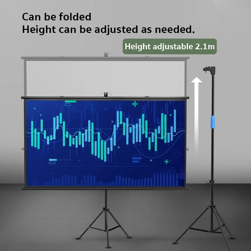 Portable projector screen with height adjustable up to 2.1 meters and foldable design
