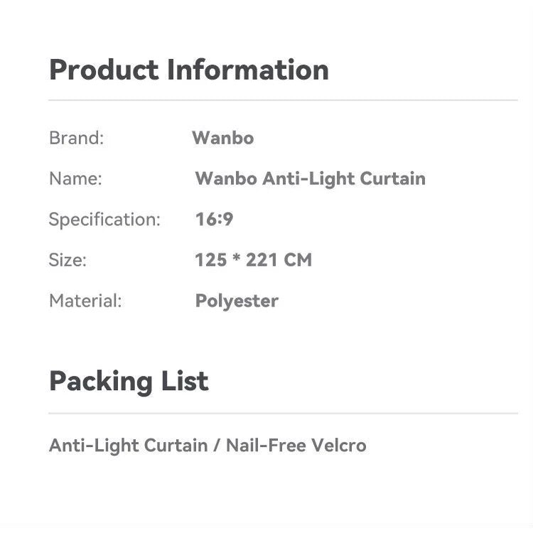 Wanbo Anti-Light Curtain polyester fabric for portable projector screen with nail-free Velcro