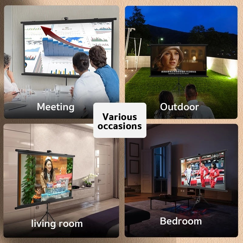 Portable projector screen shown in meeting room, outdoor, living room, and bedroom for versatile use