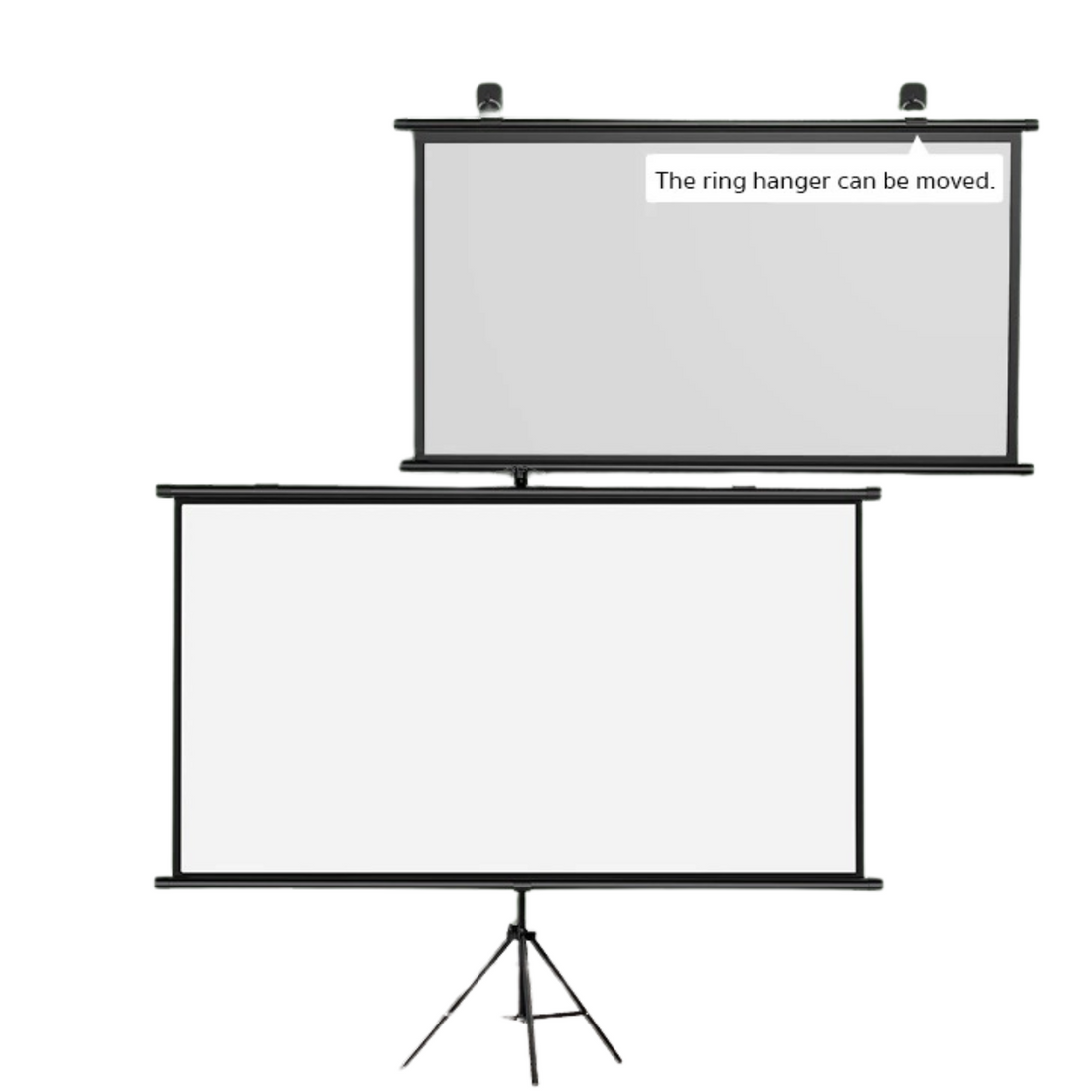 Portable projector screen with adjustable ring hanger and tripod stand for easy setup