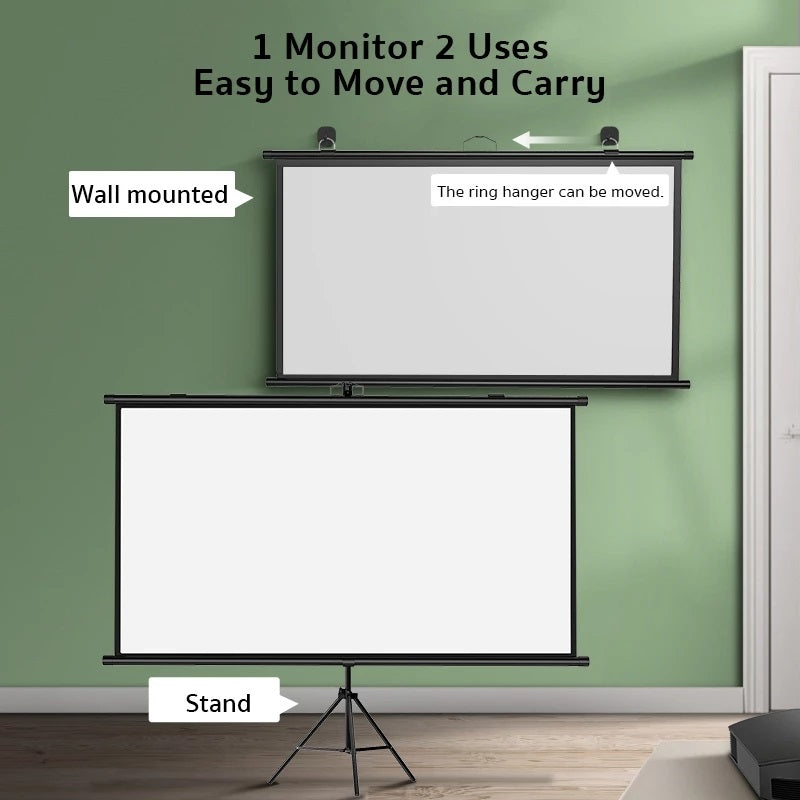 Portable projector screen with wall mounted and stand options, easy to move and carry