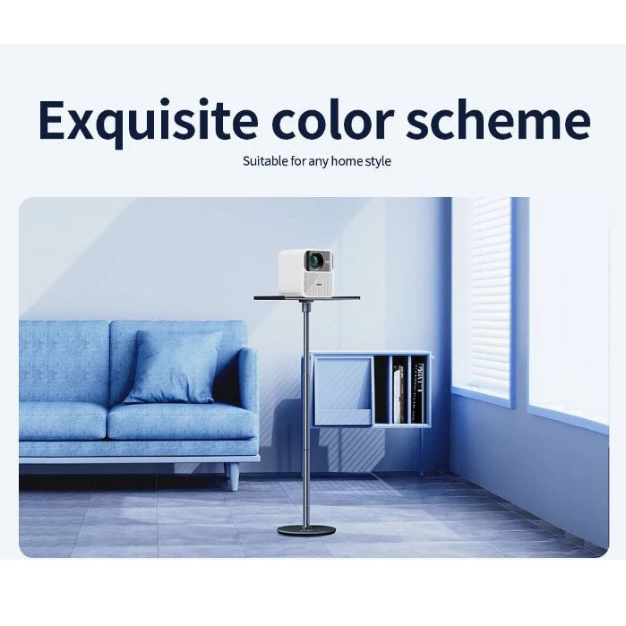 Projector accessories holder for home in modern living room with blue couch and large window