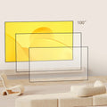 Projector accessories holder for home displaying multiple screen size options in a modern living room