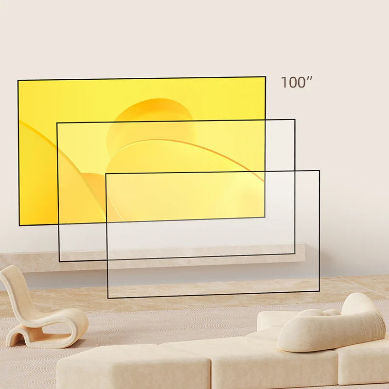 Projector accessories holder for home displaying multiple screen size options in a modern living room