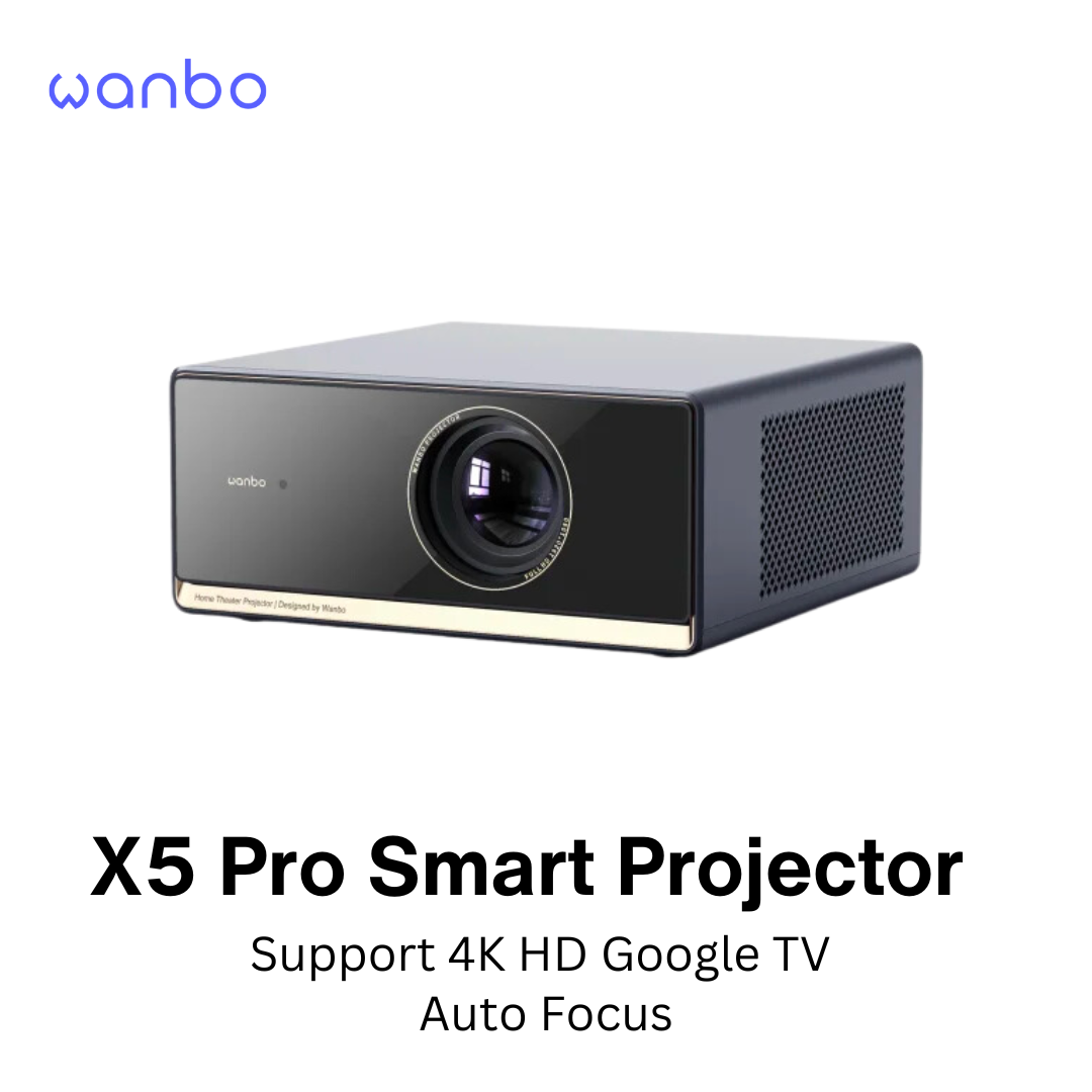 Wanbo X5 Pro smart projector front view with large lens and black casing
