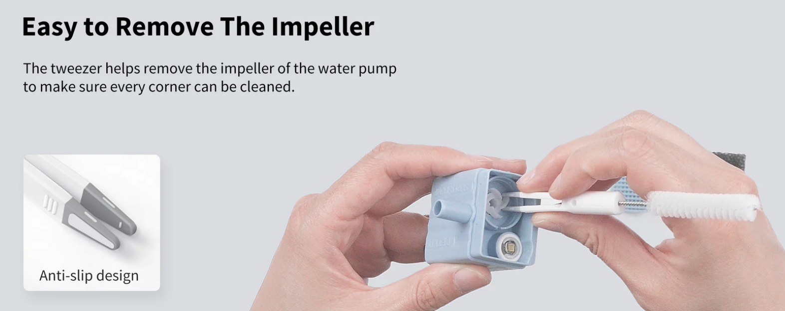 Water Fountain Cleaning Kit with tweezers designed to easily remove the impeller for thorough cleaning