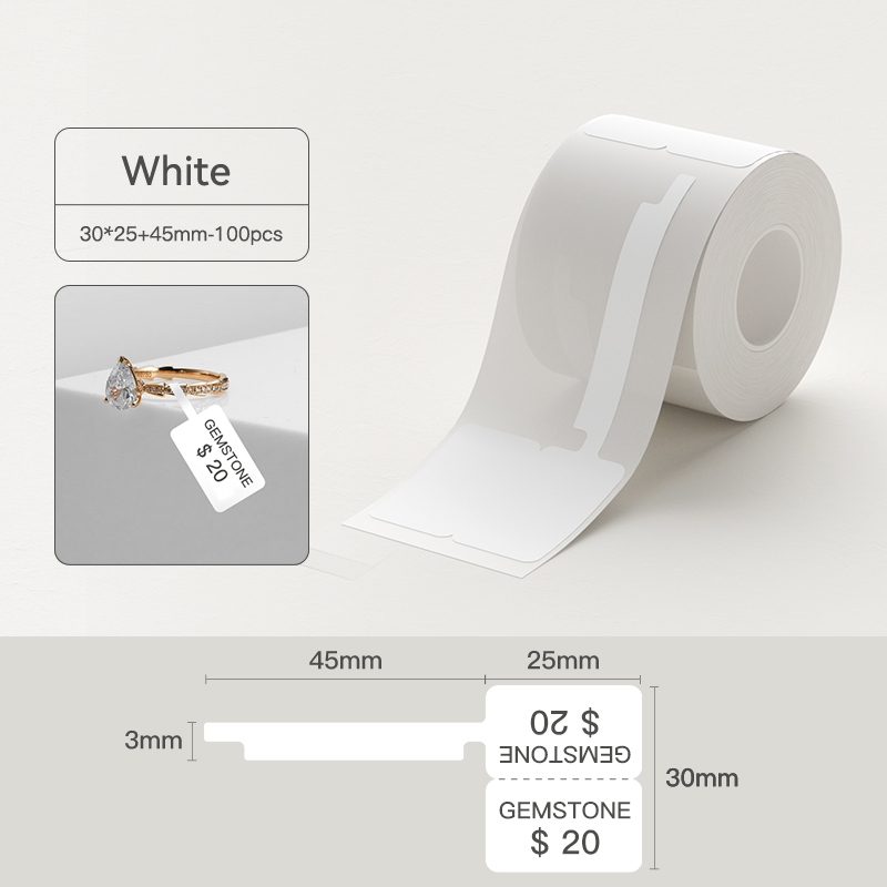 White Thermal Label Stickers on a roll with dimensions for pricing jewelry items