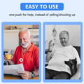 emergency buzzer worn around neck showing easy one-push use for wireless caregiver pager system