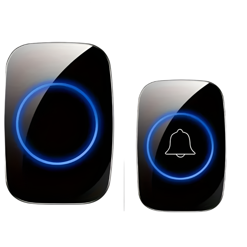 Home security alarm system wireless doorbell waterproof long range with sleek black design and blue LED ring
