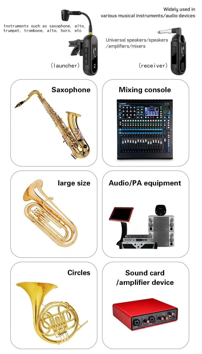 VMI Direct Wireless Guitar Transmitter And Receiver setup for various musical instruments including saxophone