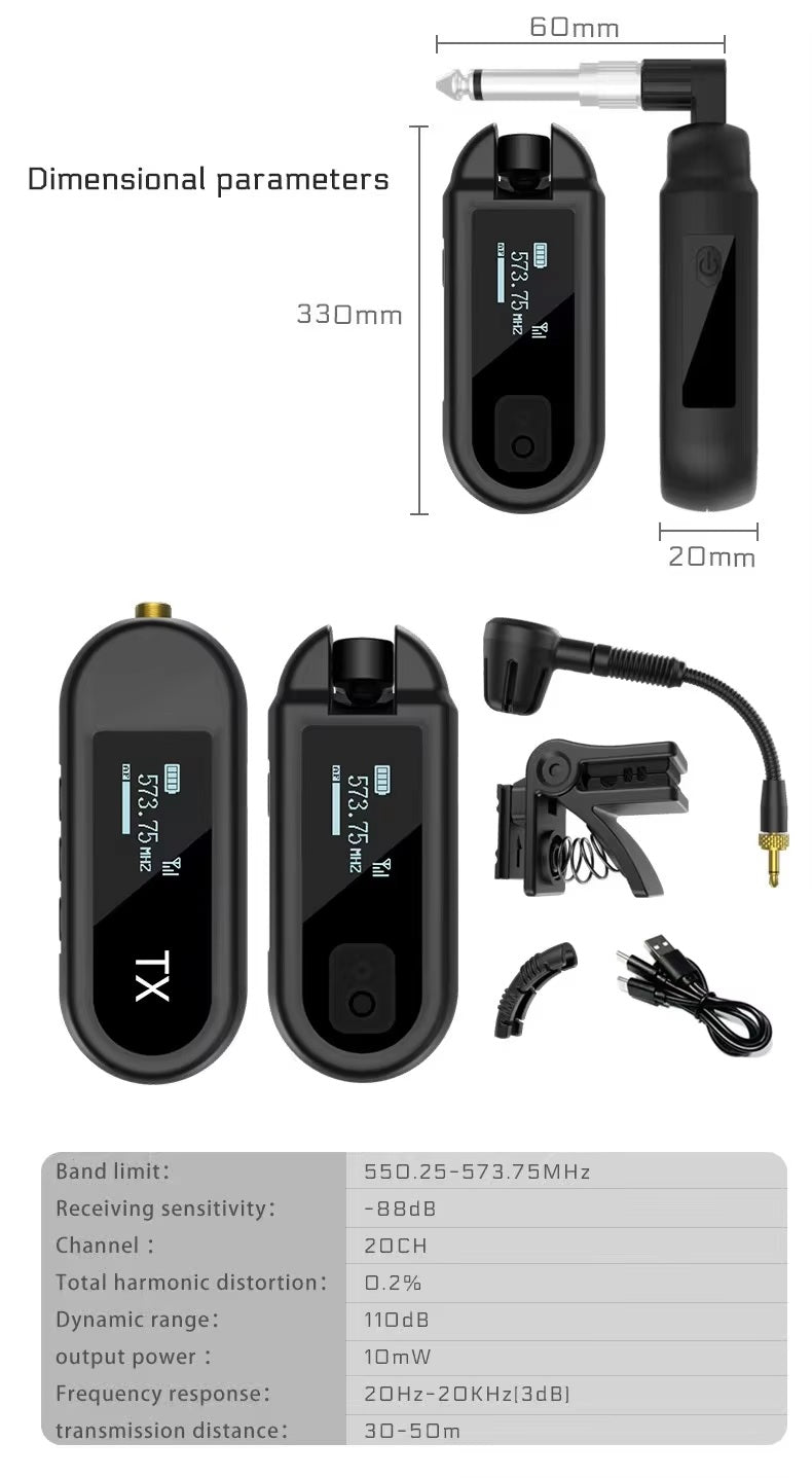 VMI Direct Wireless Guitar Transmitter And Receiver with clip-on lavalier microphone for clear audio