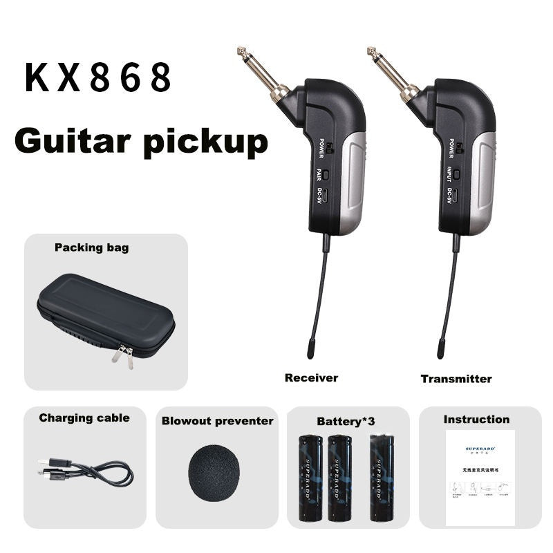KX868 wireless guitar transmitter receiver kit with charging cable and accessories for guitarists