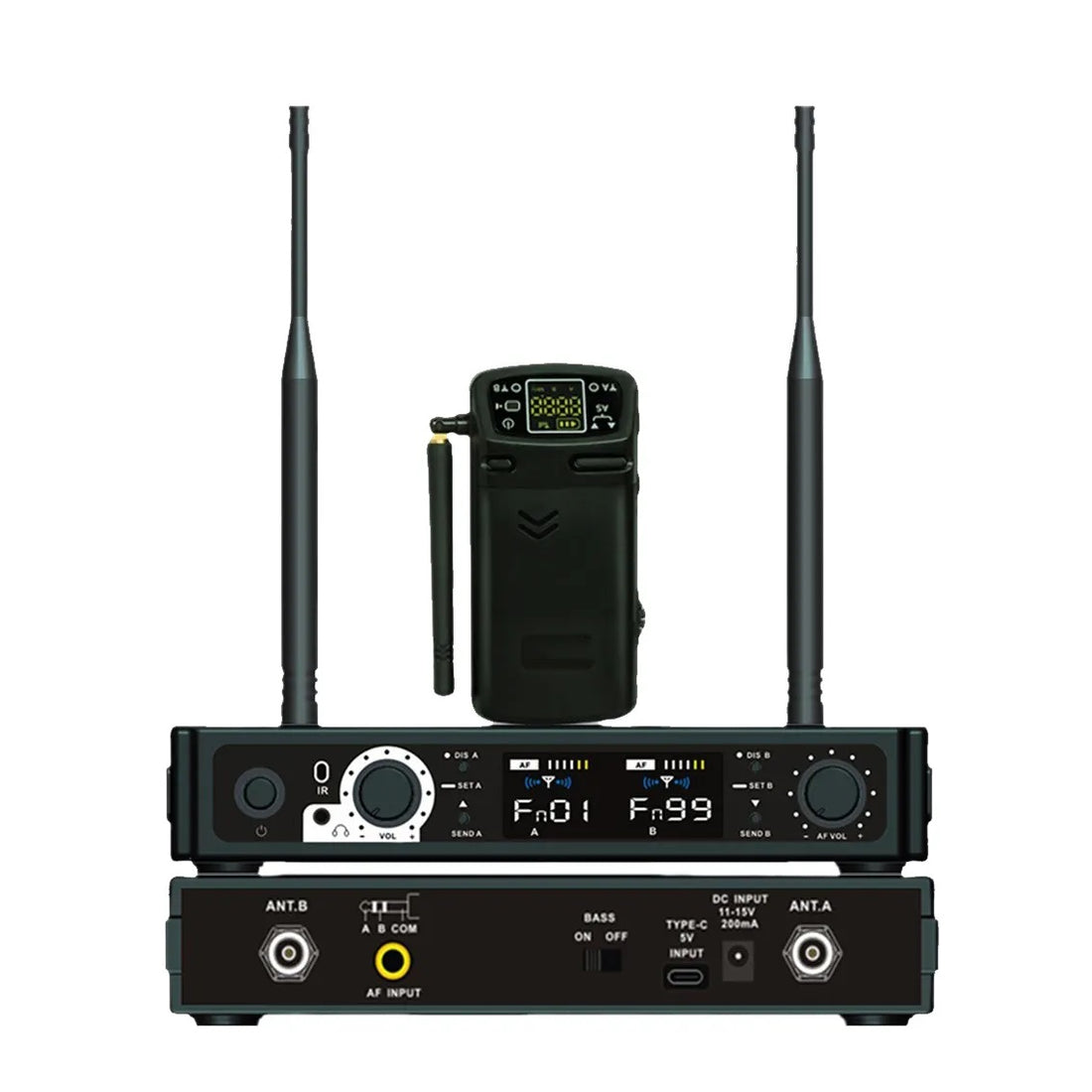 Wireless in-ear monitor system with dual antennas and portable receiver for clear audio performance