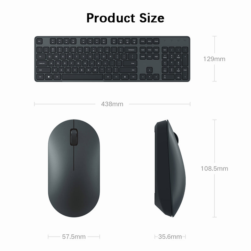VMIDirect Wireless Mouse and Keyboard set showing product dimensions and sleek design