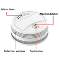 Wireless smoke detector with alarm horn test button detection window and alarm indicator