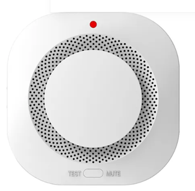 White wireless smoke detector with test and mute buttons and red indicator light