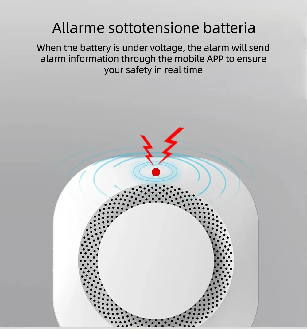 Wireless smoke detector showing low battery alarm with real-time mobile app alerts