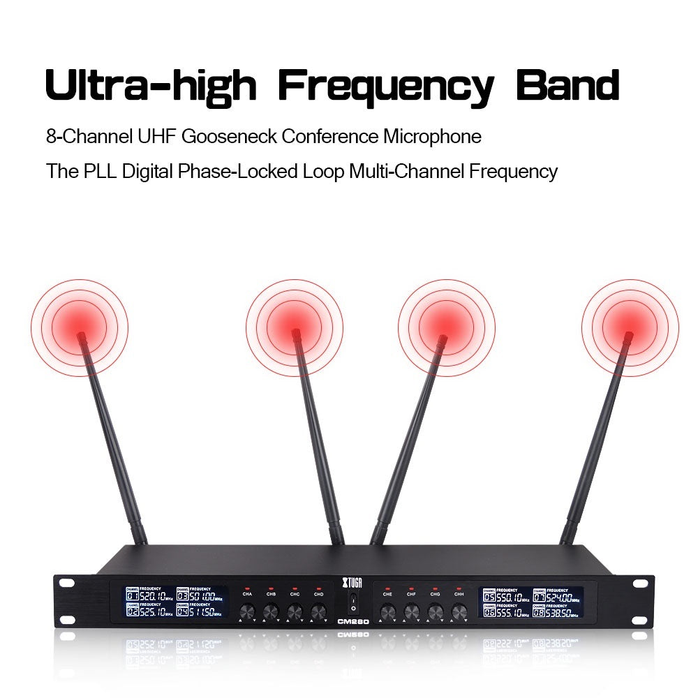 Wireless UHF microphone for meetings with 8-channel selection and three antennas for optimal reception