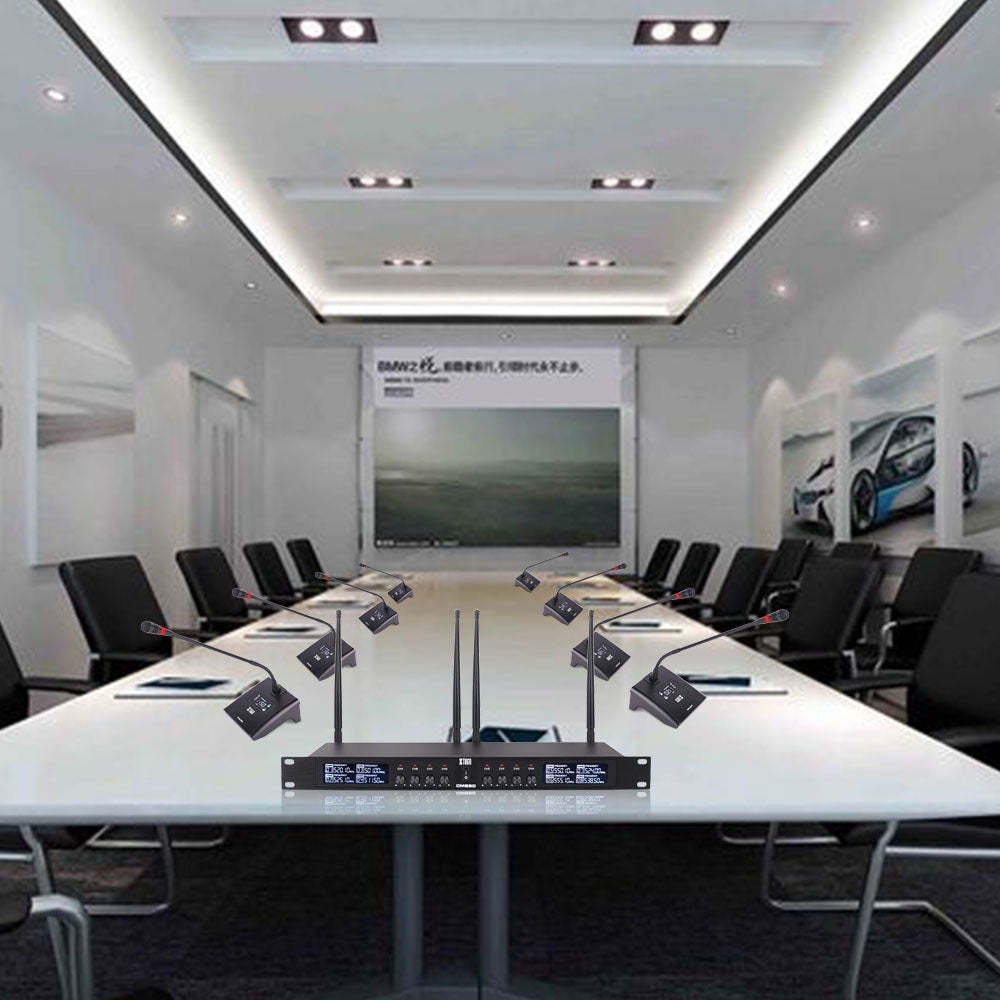 Wireless UHF microphone for meetings set up in a modern conference room