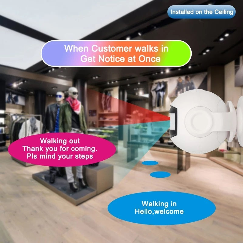 Wireless welcome chime doorbell motion sensor installed on ceiling in retail store