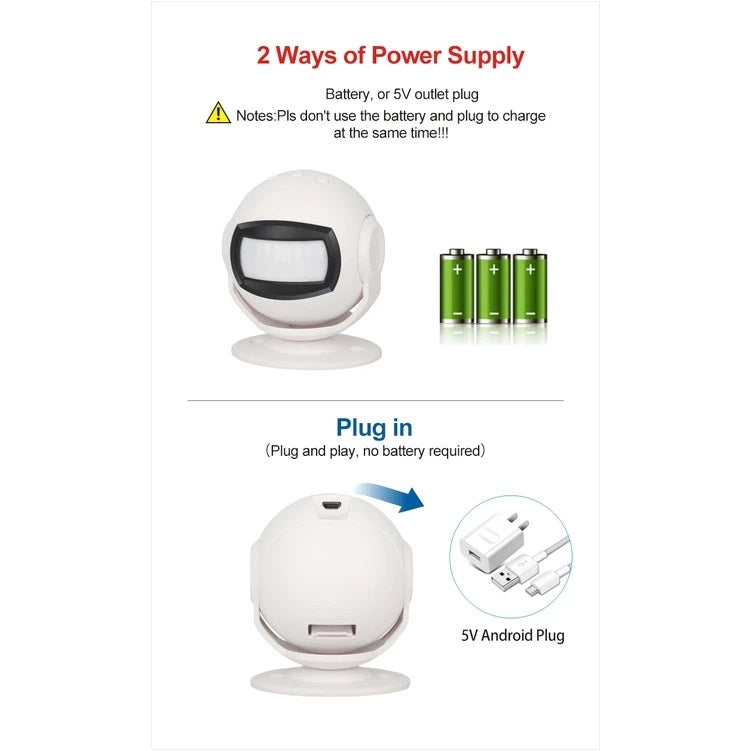 Wireless welcome chime doorbell motion sensor with battery and 5V plug power supply options