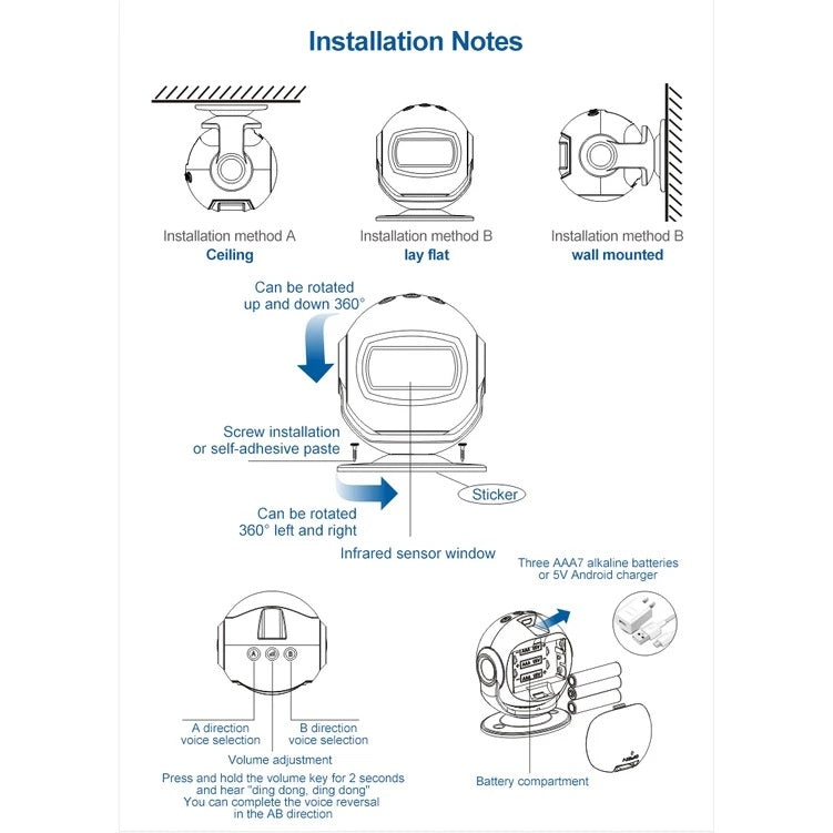Installation instructions for wireless welcome chime doorbell showing ceiling, flat, and wall mount options