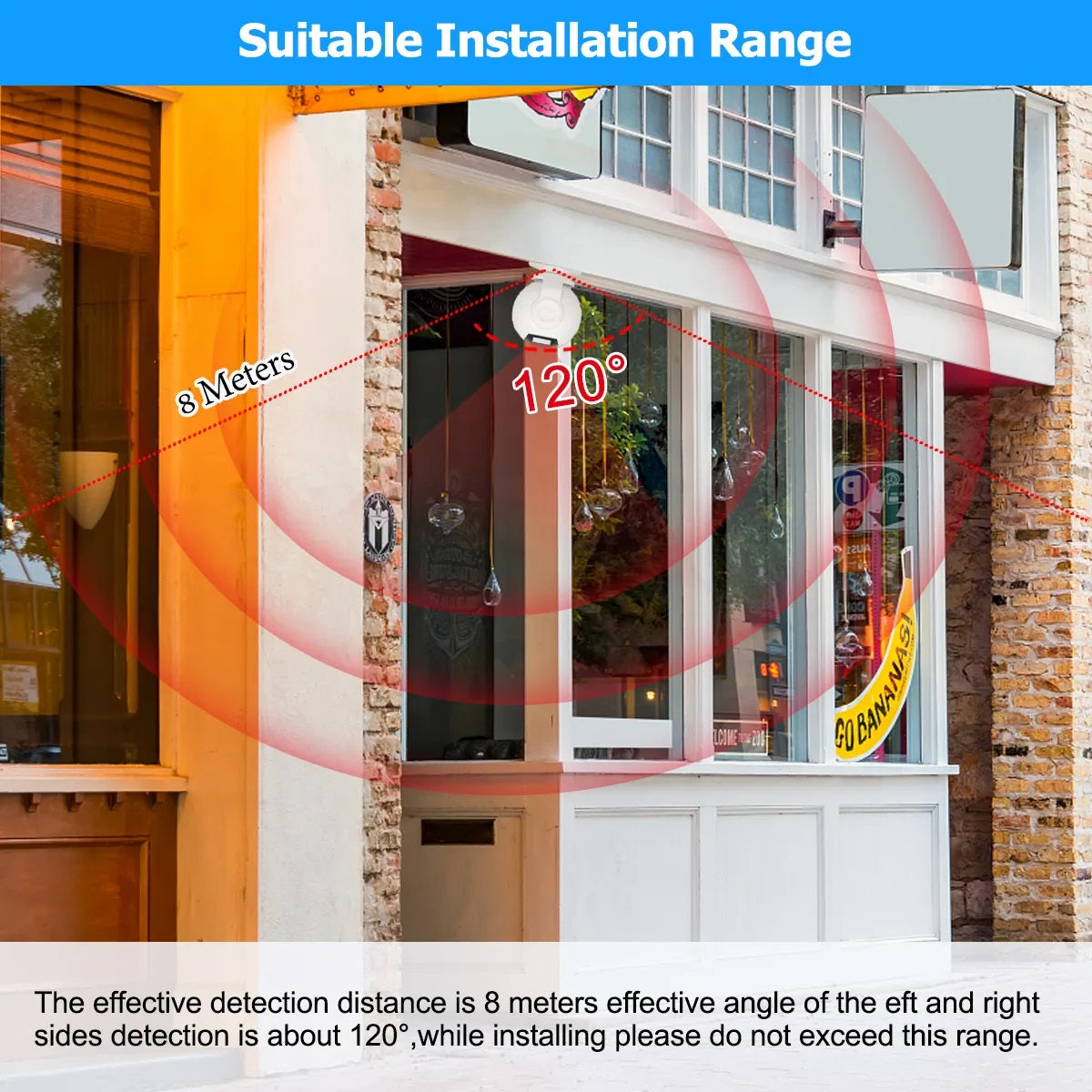 Wireless welcome chime doorbell showing 8 meter range and 120 degree motion sensor coverage