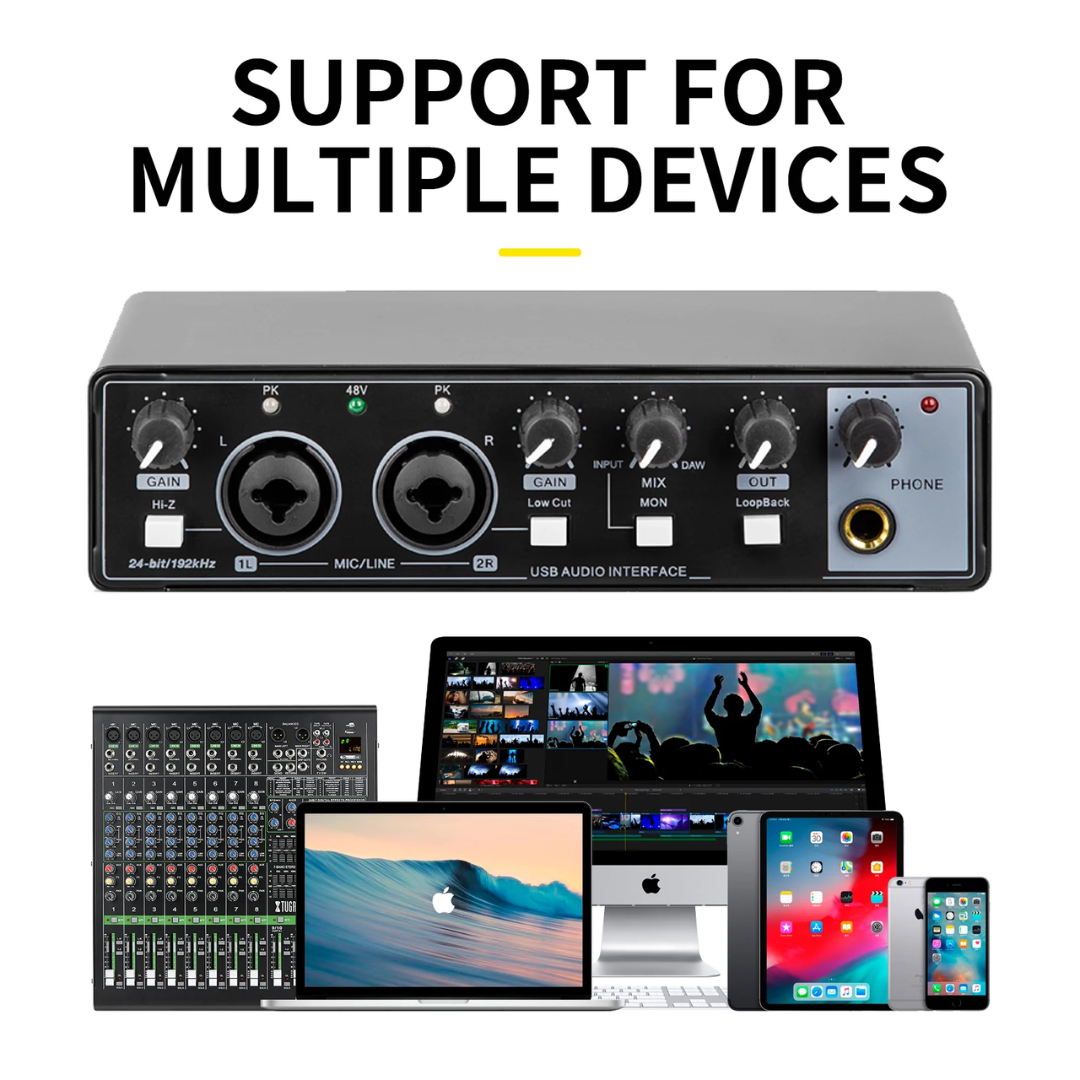 XTUGA M22D Factory OEM Professional Studio Metal Audio Interface 24-bit/192kHz 2 In/2 USB Audio Mixer