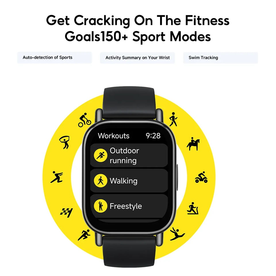AMOLED Smartwatch With Alexa displaying various fitness modes and tracking features for active users