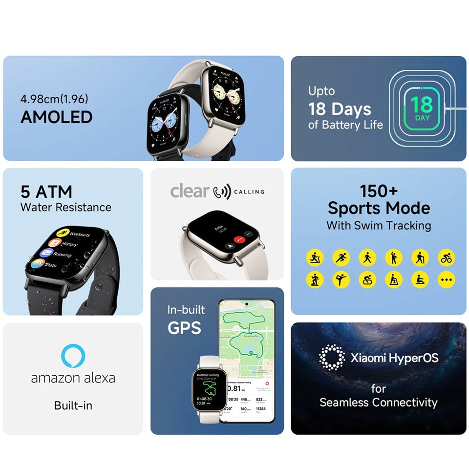 AMOLED Smartwatch With Alexa featuring 150+ sports modes and 18 days of battery life