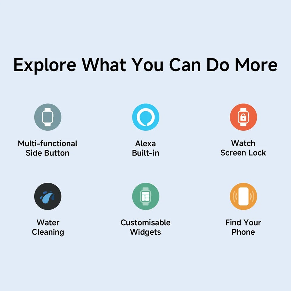 Features of AMOLED Smartwatch With Alexa including water cleaning and customizable widgets