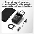 Portable electric air pump with digital display and accessories for versatile usage.