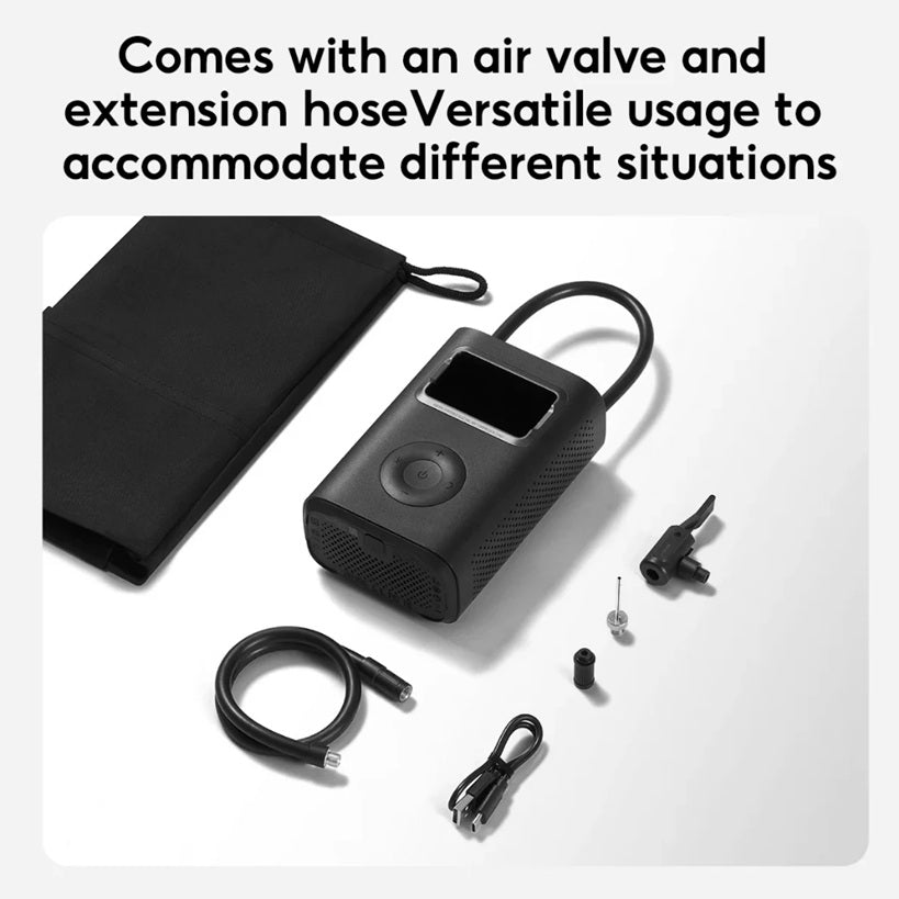 Portable electric air pump with digital display and accessories for versatile usage.