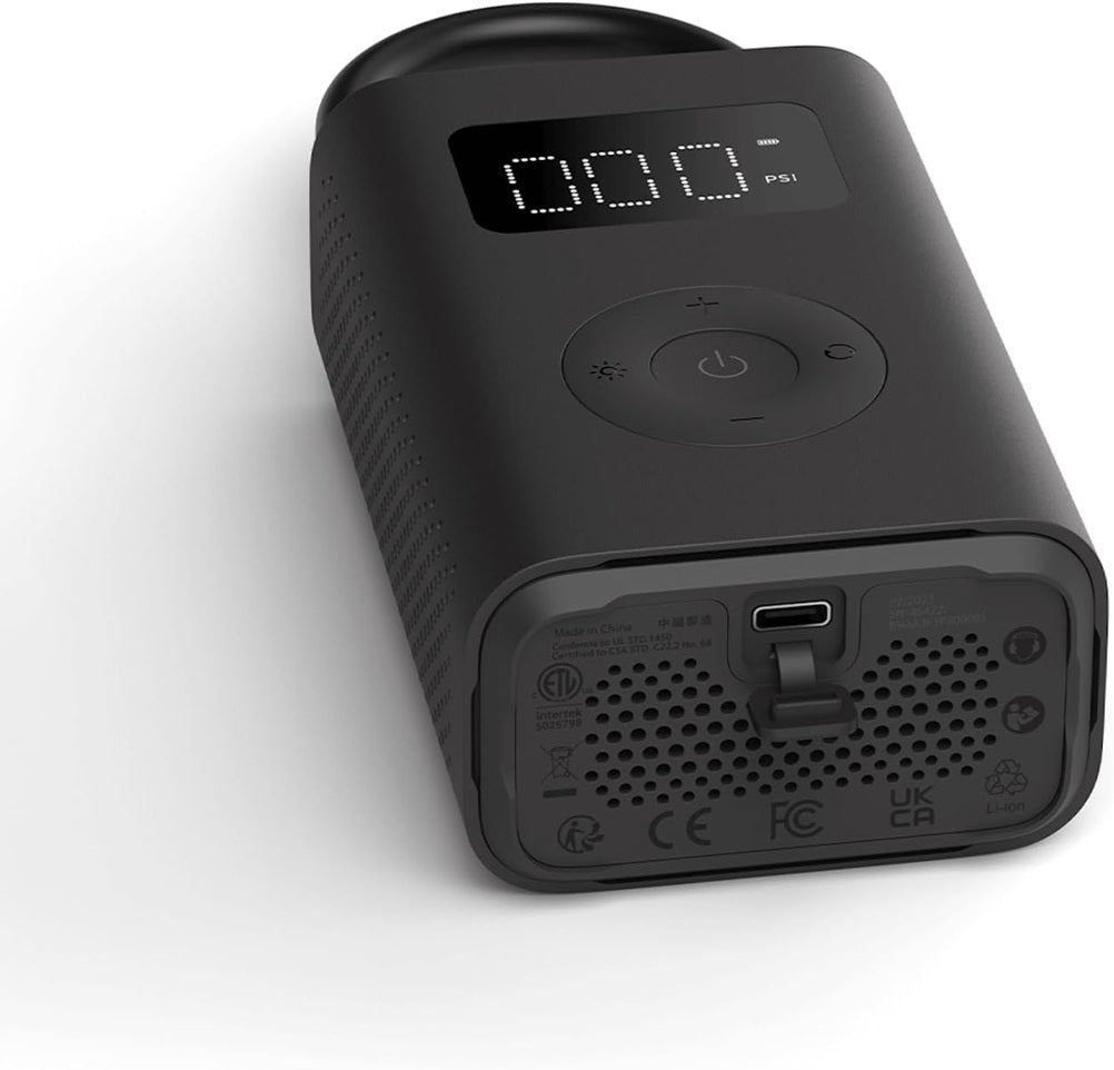 Portable electric air pump with digital display for easy inflation of tires and sports equipment