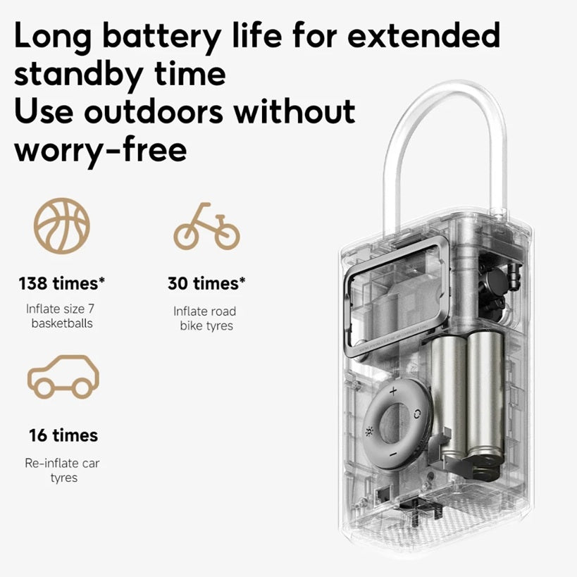Portable electric air pump with digital display showcasing long battery life and various usage examples