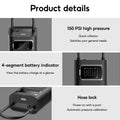 Portable electric air pump with digital display featuring 150 PSI pressure and battery indicator