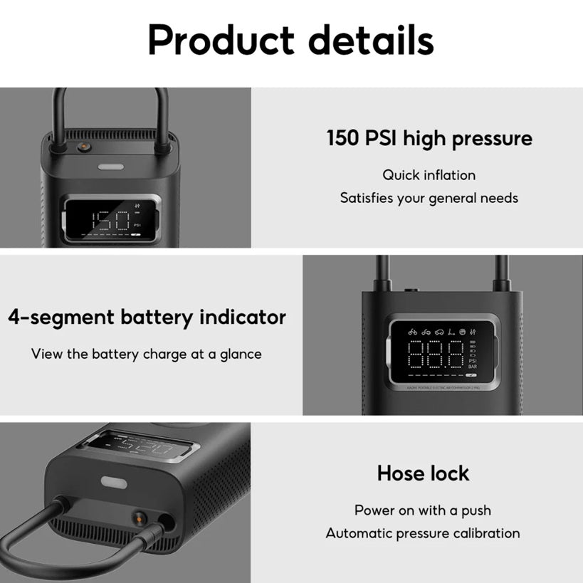 Portable electric air pump with digital display featuring 150 PSI pressure and battery indicator