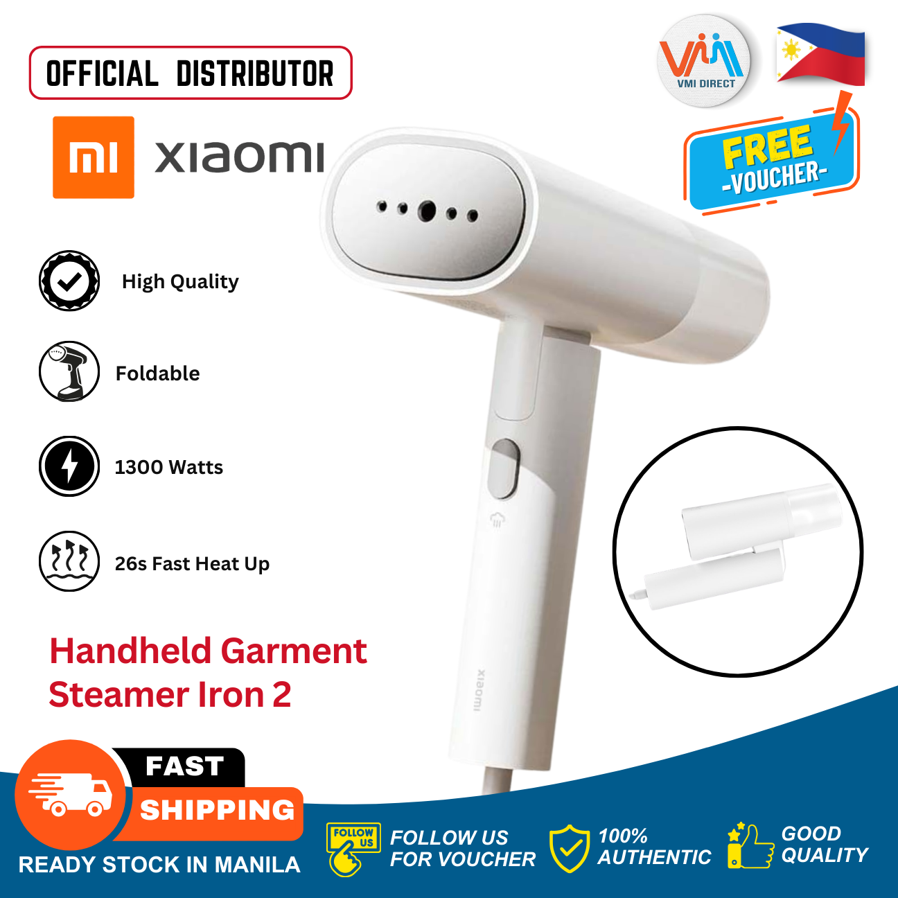 VMI Direct Xiaomi Handheld Garment Steamer Iron 2, a portable fabric iron with 1300 watts and fast heat up