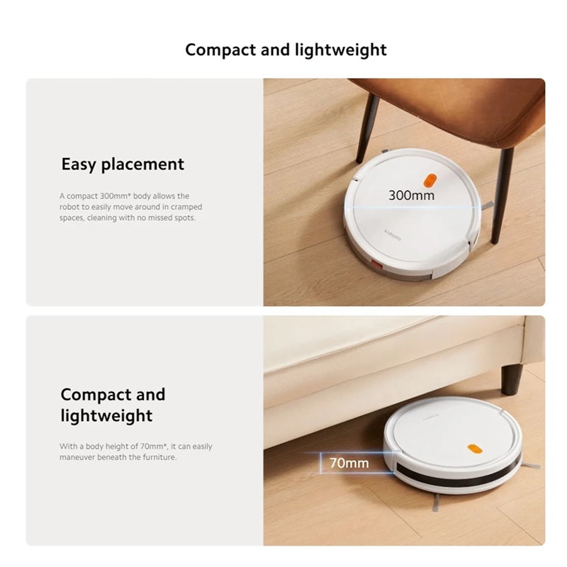 Xiaomi Robot Vacuum E5 demonstrating compact design for easy placement under furniture