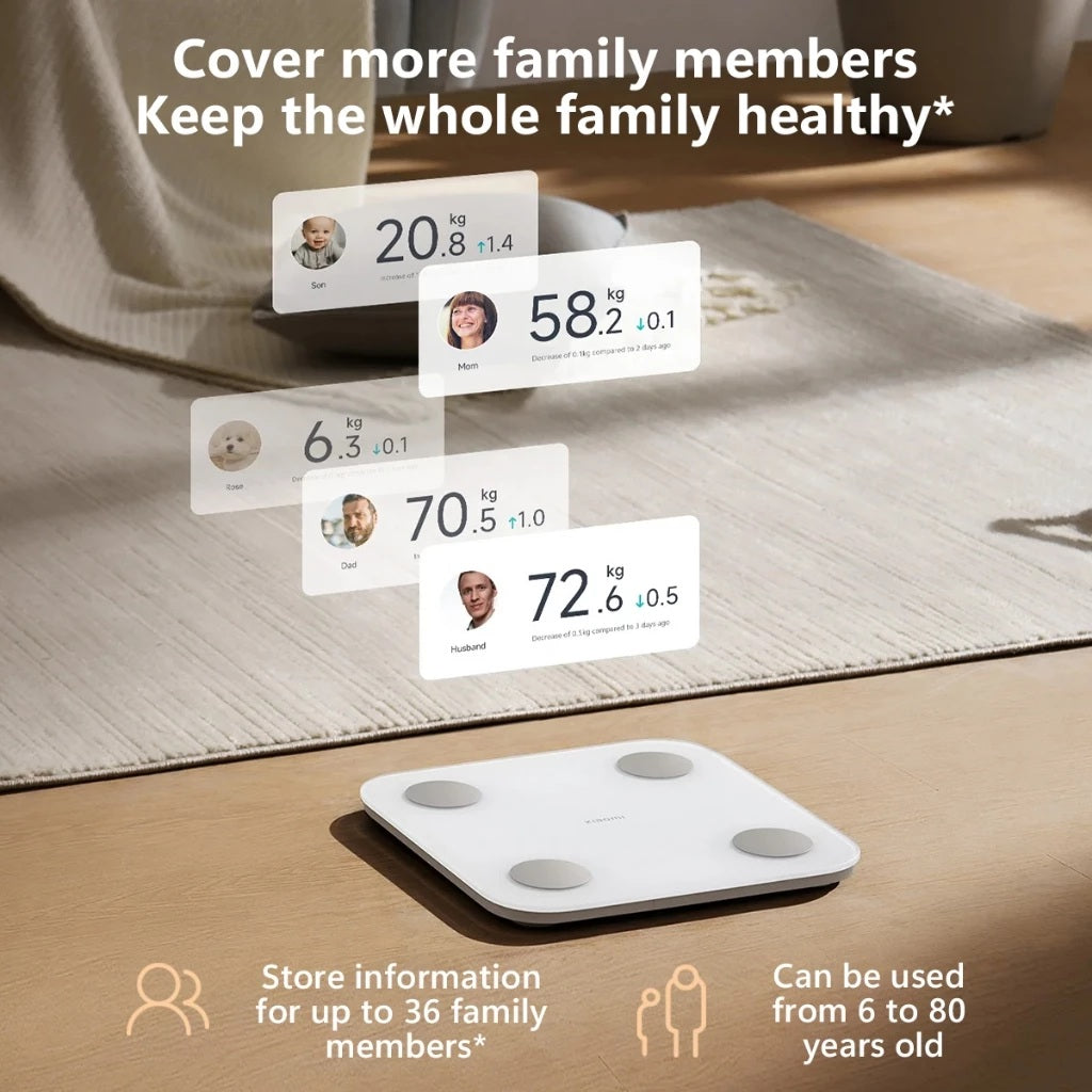 VMI Direct Smart Body Composition Scale with large display and family member tracking feature.