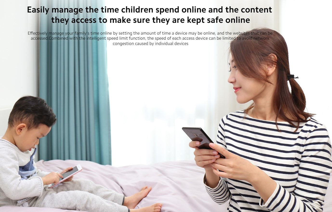 Family using a WiFi Router to manage online content and screen time for children safely
