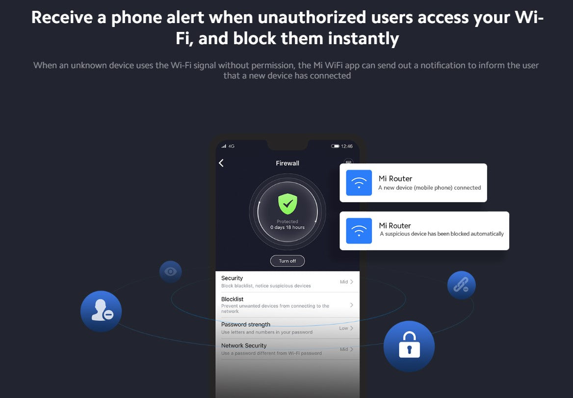 Mi WiFi Router app screen showing phone alert for unauthorized device connection with security features