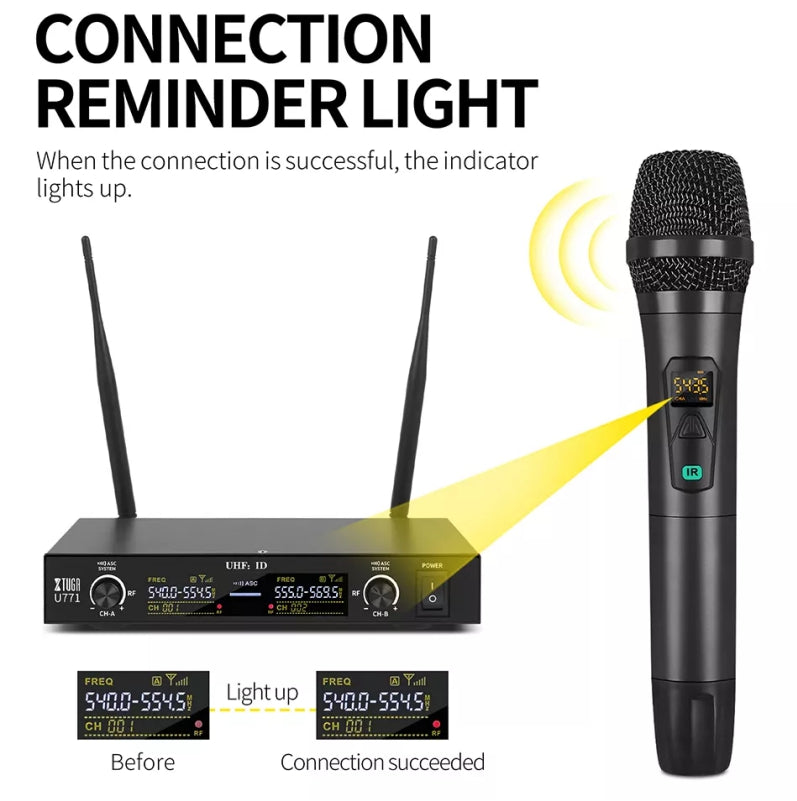 Wireless microphone for teaching with connection reminder light and dual antennas