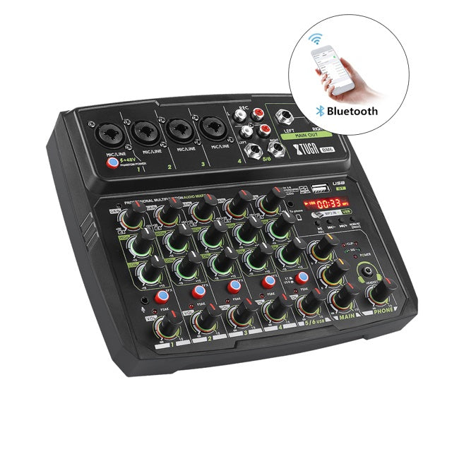 6 channel audio mixer with Bluetooth and USB compact desktop amp with XLR and RCA inputs