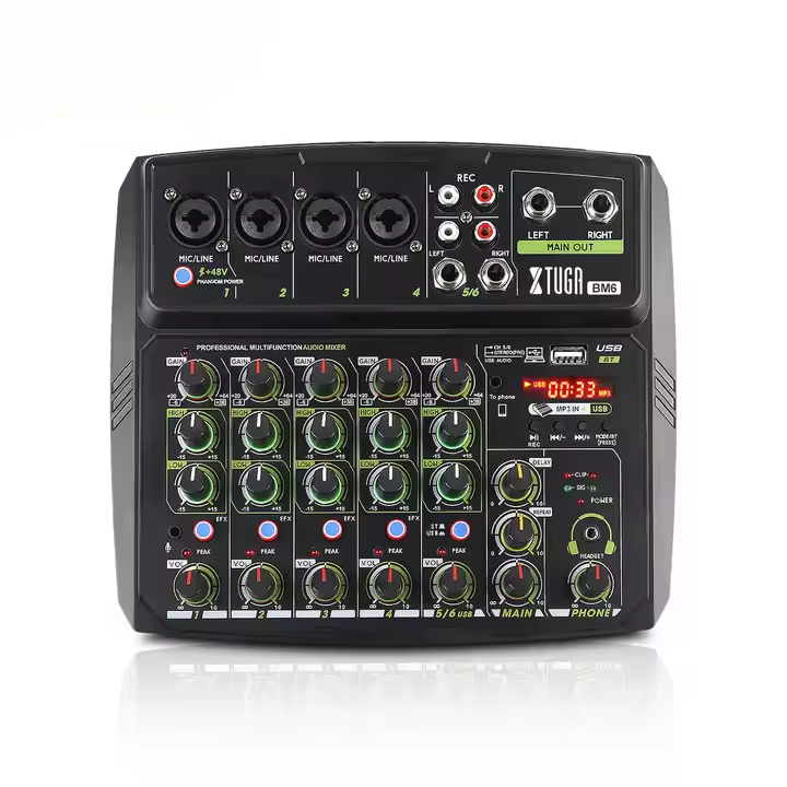 6 channel audio mixer compact professional mixer with multiple inputs USB recording and EQ controls