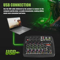6 channel audio mixer with USB connection and controls for live DJ and recording setups