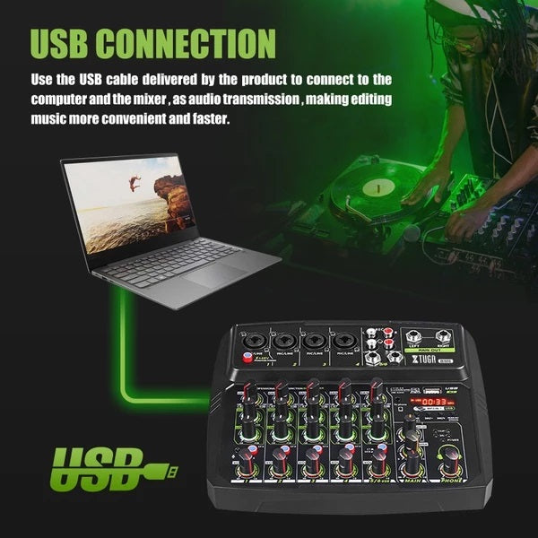 6 channel audio mixer with USB connection and controls for live DJ and recording setups